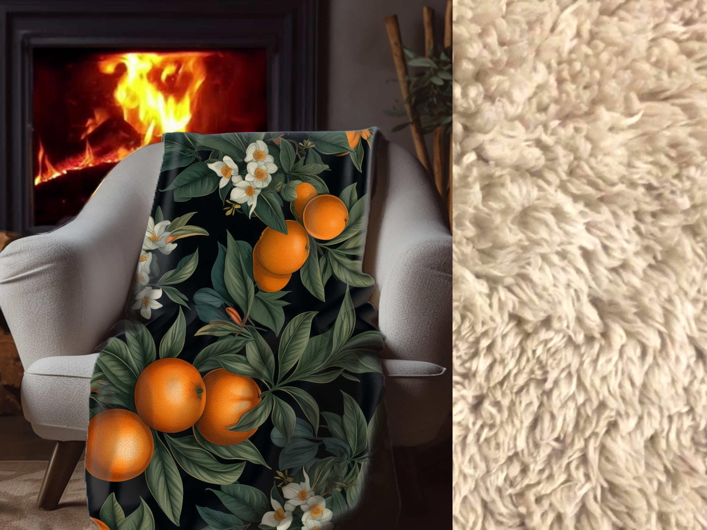 Sherpa Throw Blanket - Orange Fruit and Blossom Pattern Elegant Botanical - Soft Plush Throw Blanket-Jacobson Cottage