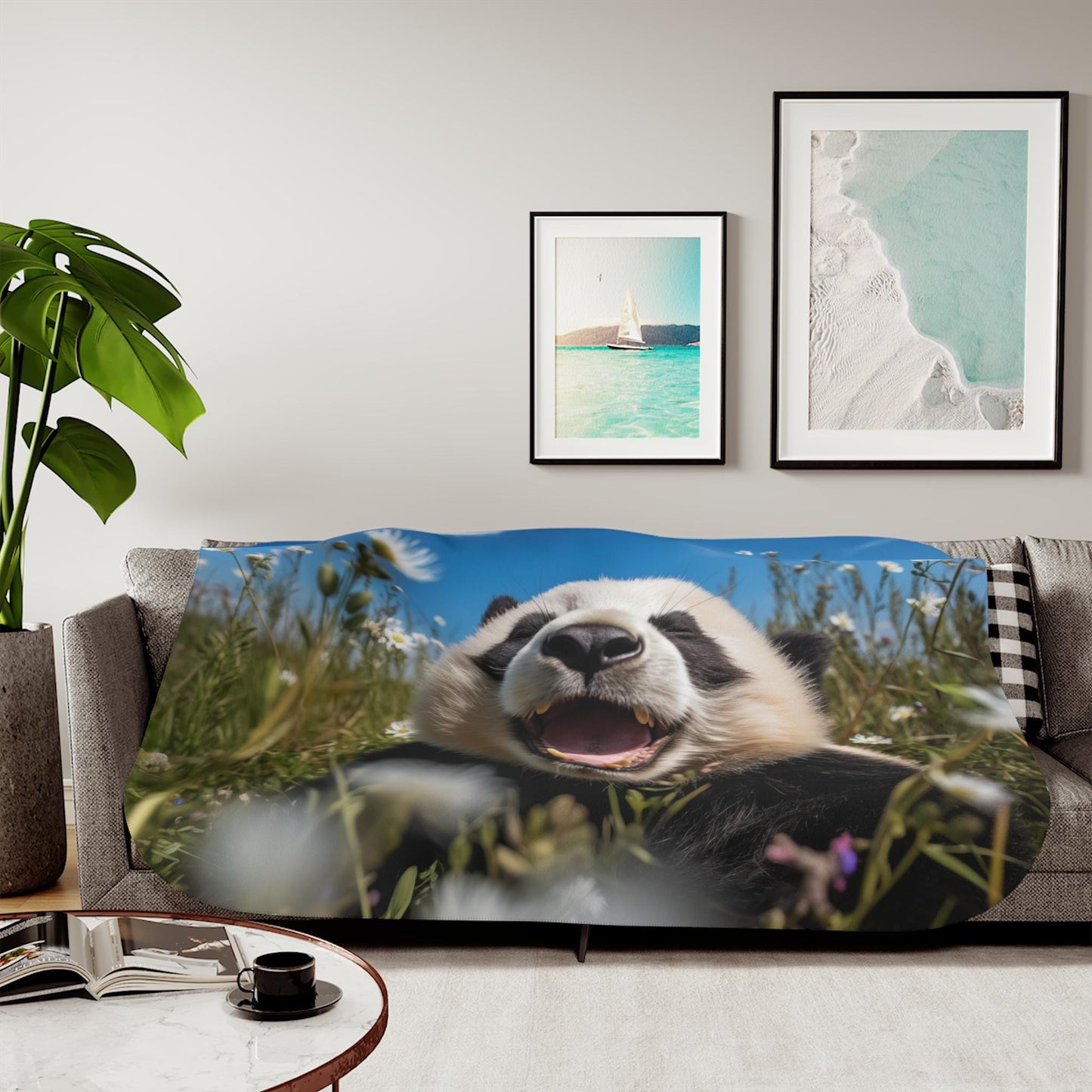 Sherpa Throw Blanket - Panda in Wildflower Meadow Adorable Animal - Soft Plush Throw Blanket-Jacobson Cottage