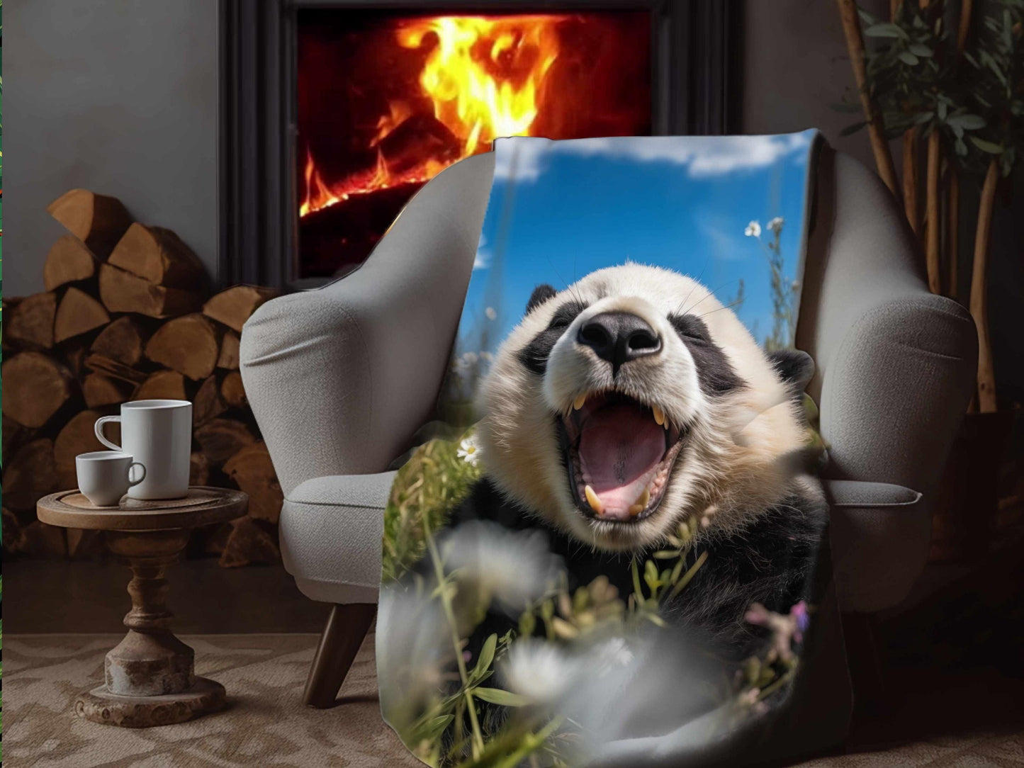 Sherpa Throw Blanket - Panda in Wildflower Meadow Adorable Animal - Soft Plush Throw Blanket-Jacobson Cottage
