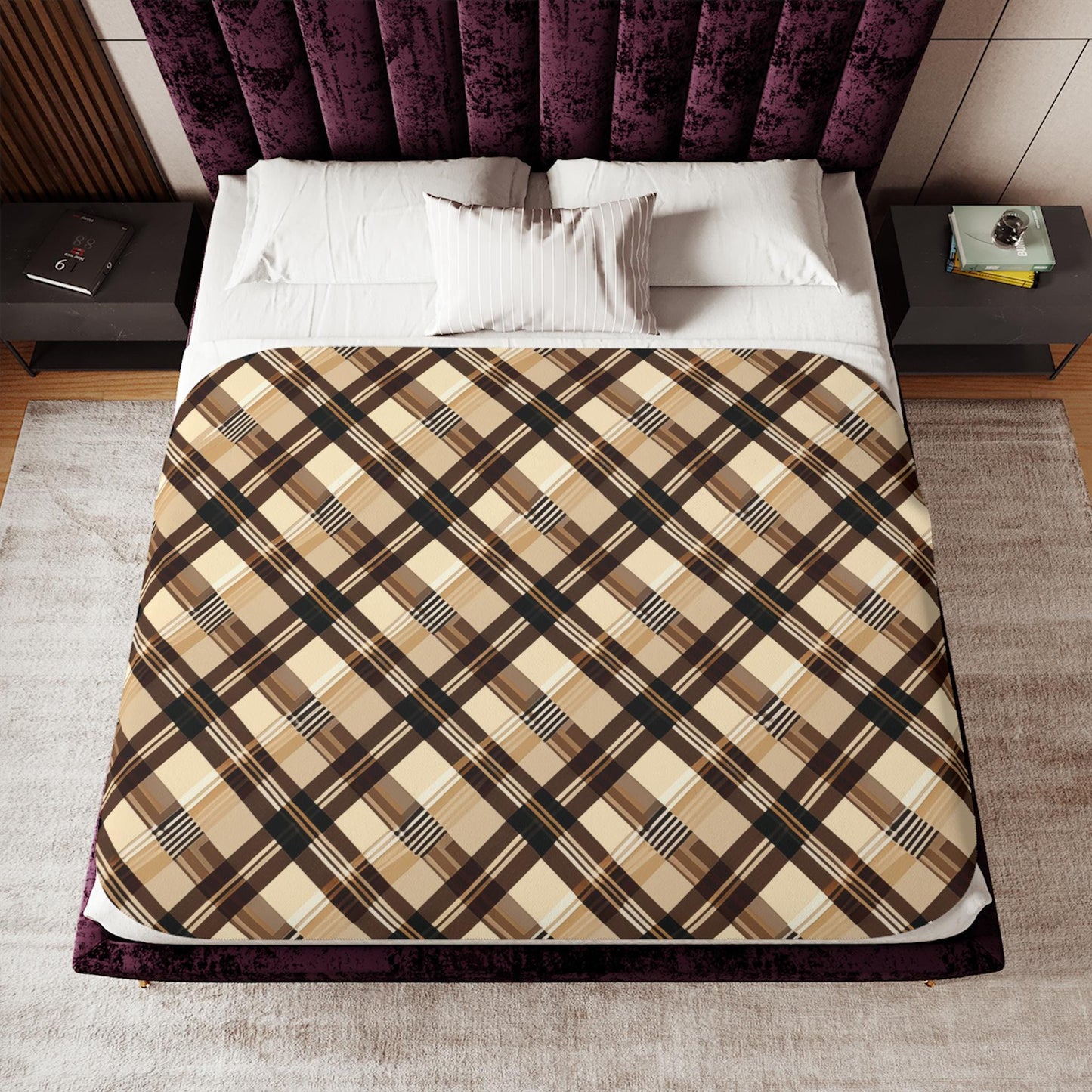 Sherpa Throw Blanket - Beige and Brown Plaid - Soft Plush Throw Blanket-Jacobson Cottage