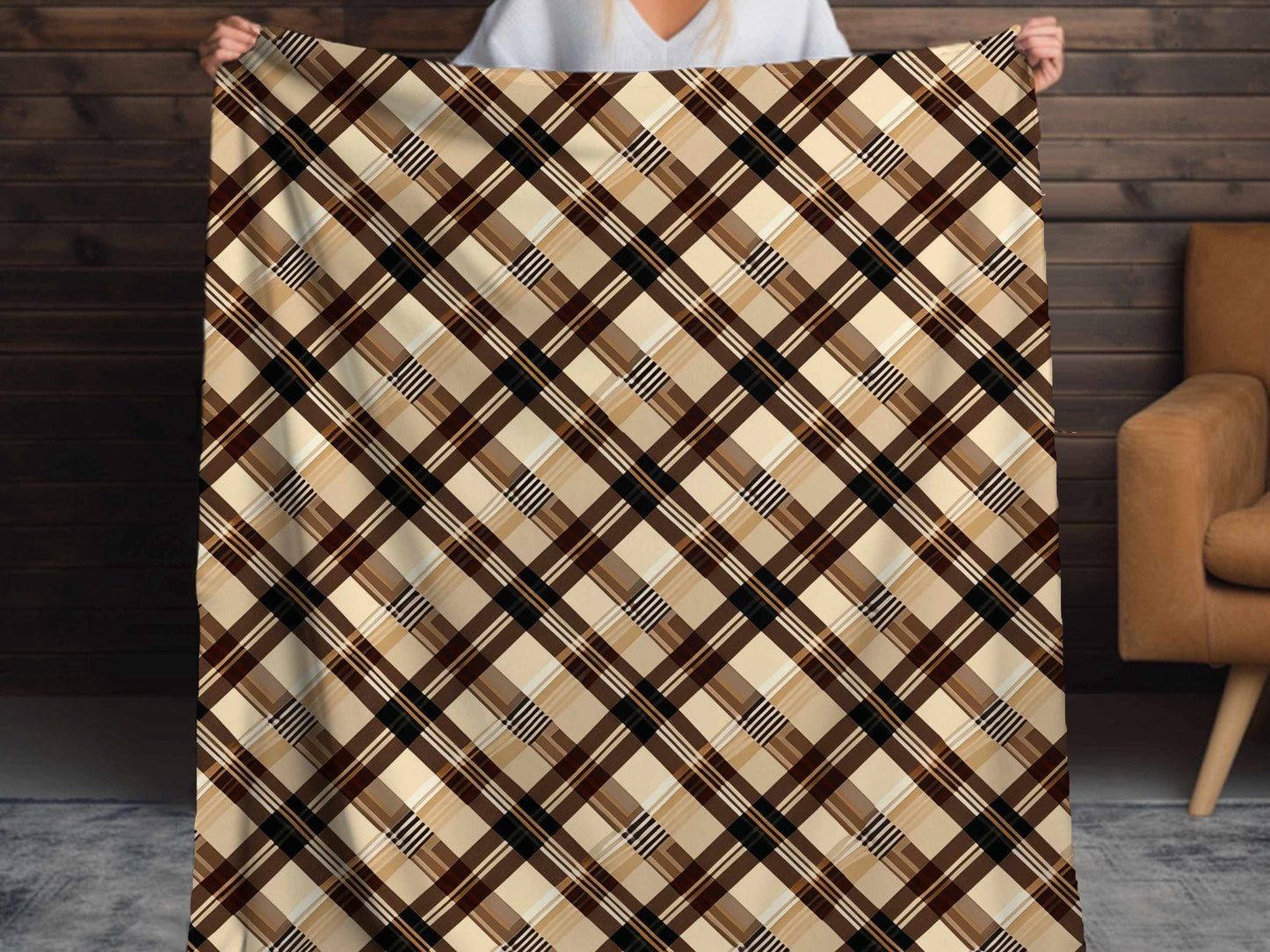 Sherpa Throw Blanket - Beige and Brown Plaid - Soft Plush Throw Blanket-Jacobson Cottage