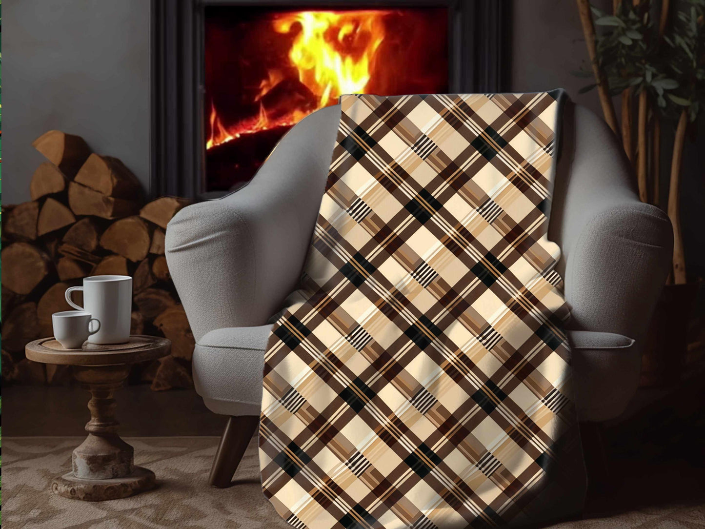 Sherpa Throw Blanket - Beige and Brown Plaid - Soft Plush Throw Blanket-Jacobson Cottage