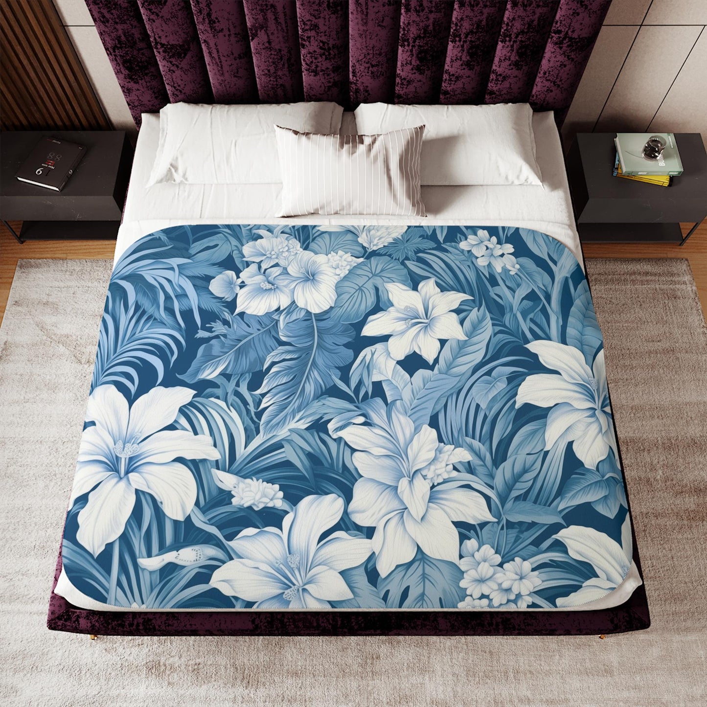 Sherpa Throw Blanket - Blue Tropical Floral Pattern Elegant Botanical - Soft Plush Throw Blanket-Jacobson Cottage