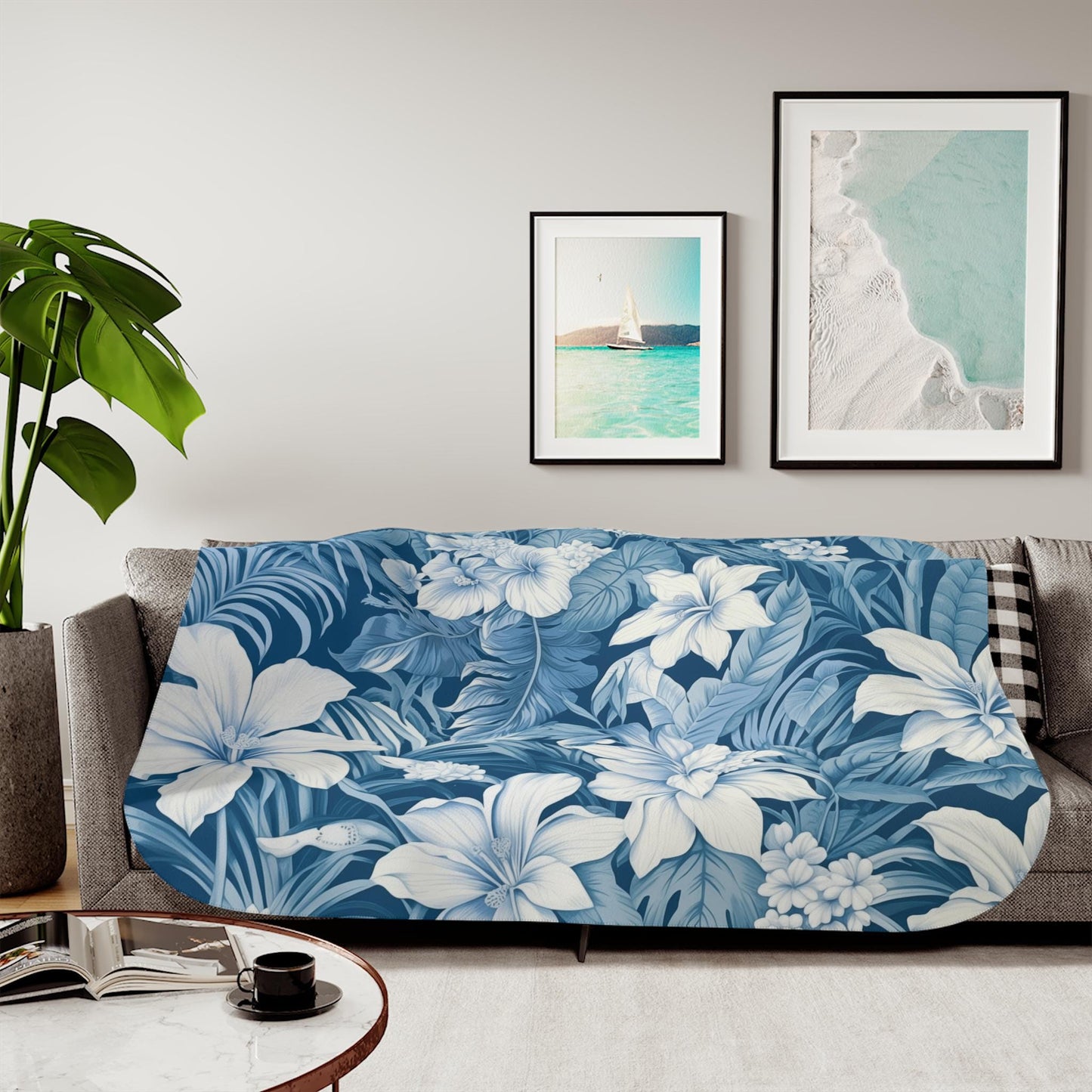 Sherpa Throw Blanket - Blue Tropical Floral Pattern Elegant Botanical - Soft Plush Throw Blanket-Jacobson Cottage