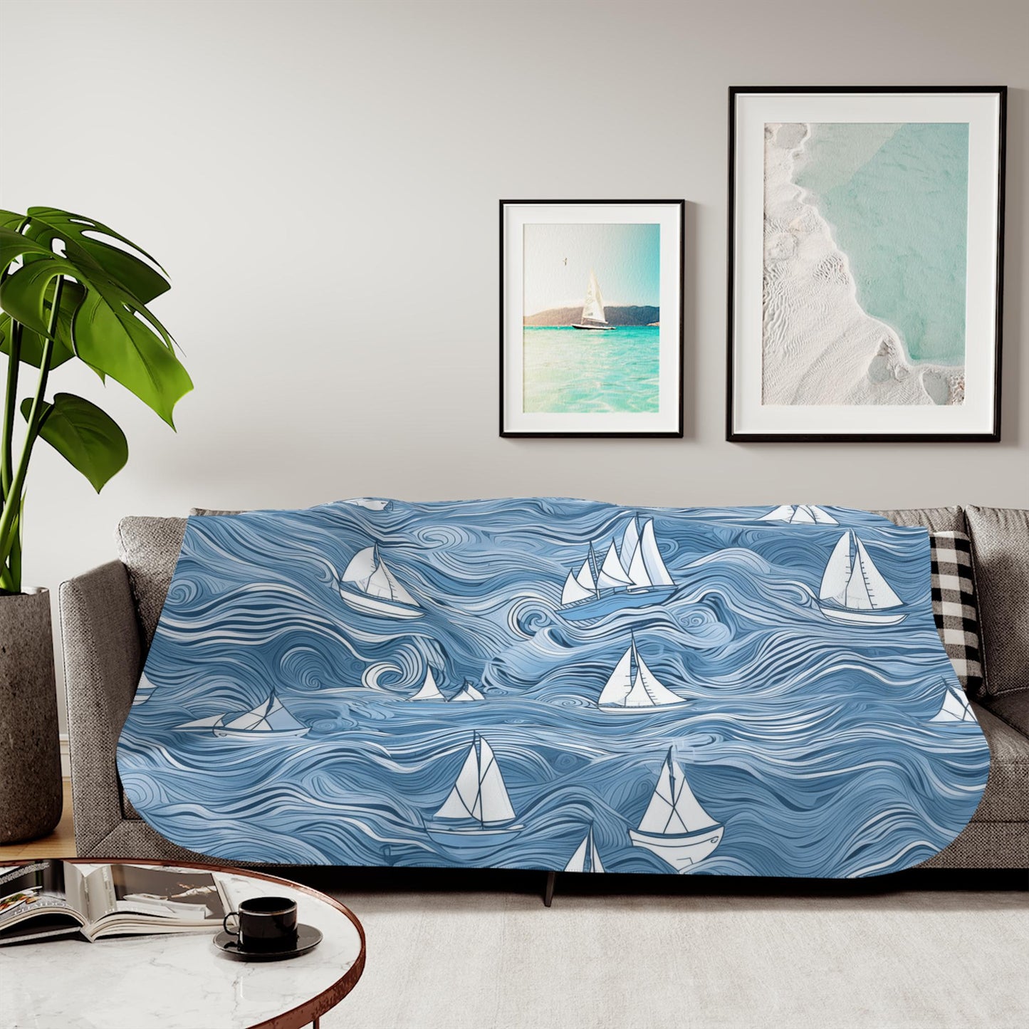 Sherpa Throw Blanket - Nautical Sailboat Blue Ocean Design - Soft Plush Throw Blanket-Jacobson Cottage