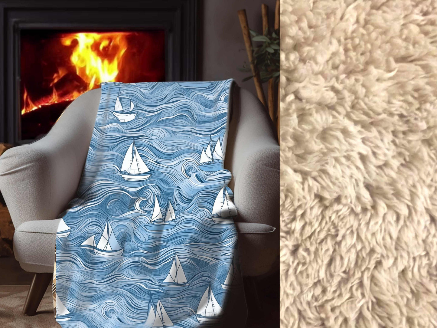 Sherpa Throw Blanket - Nautical Sailboat Blue Ocean Design - Soft Plush Throw Blanket-Jacobson Cottage