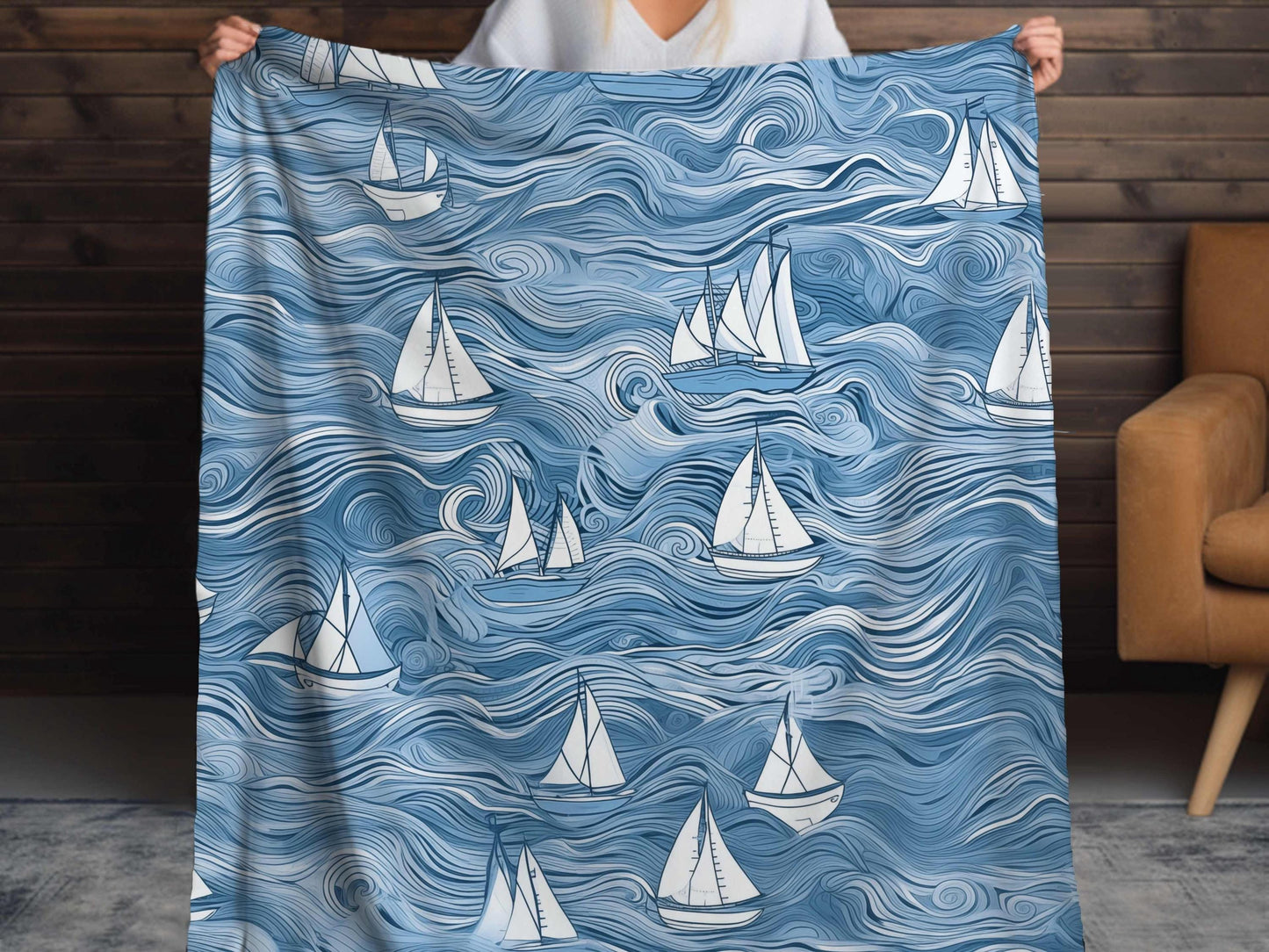 Sherpa Throw Blanket - Nautical Sailboat Blue Ocean Design - Soft Plush Throw Blanket-Jacobson Cottage