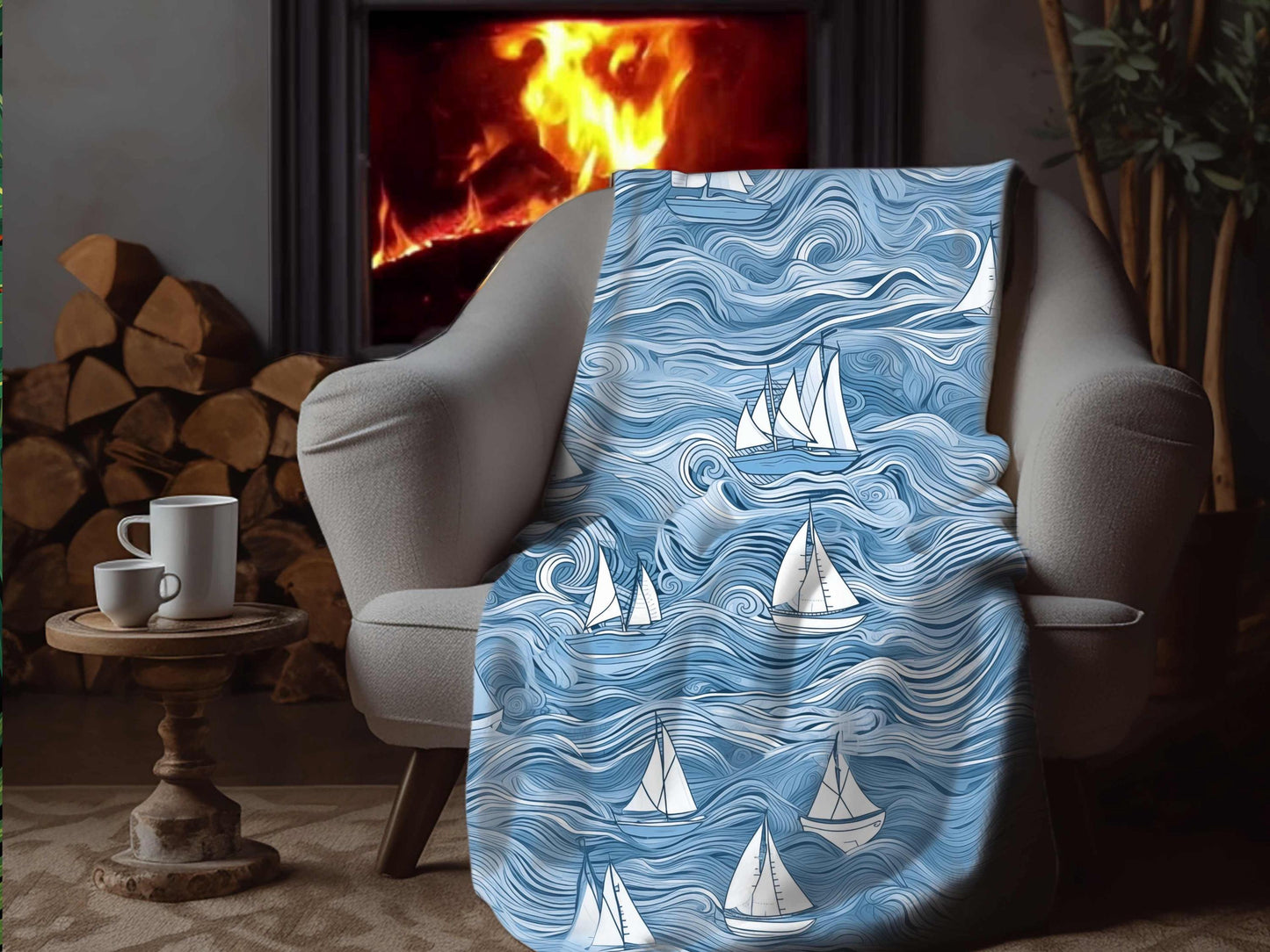 Sherpa Throw Blanket - Nautical Sailboat Blue Ocean Design - Soft Plush Throw Blanket-Jacobson Cottage