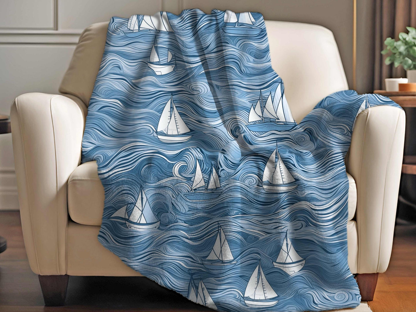 Sherpa Throw Blanket - Nautical Sailboat Blue Ocean Design - Soft Plush Throw Blanket-Jacobson Cottage