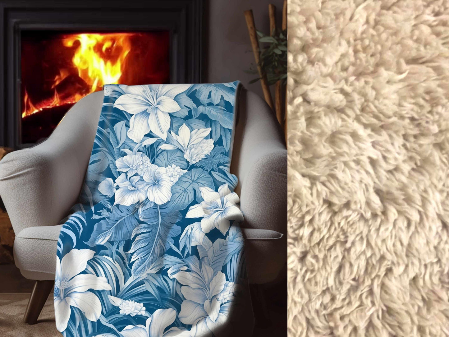 Sherpa Throw Blanket - Blue Tropical Floral Pattern Elegant Botanical - Soft Plush Throw Blanket-Jacobson Cottage