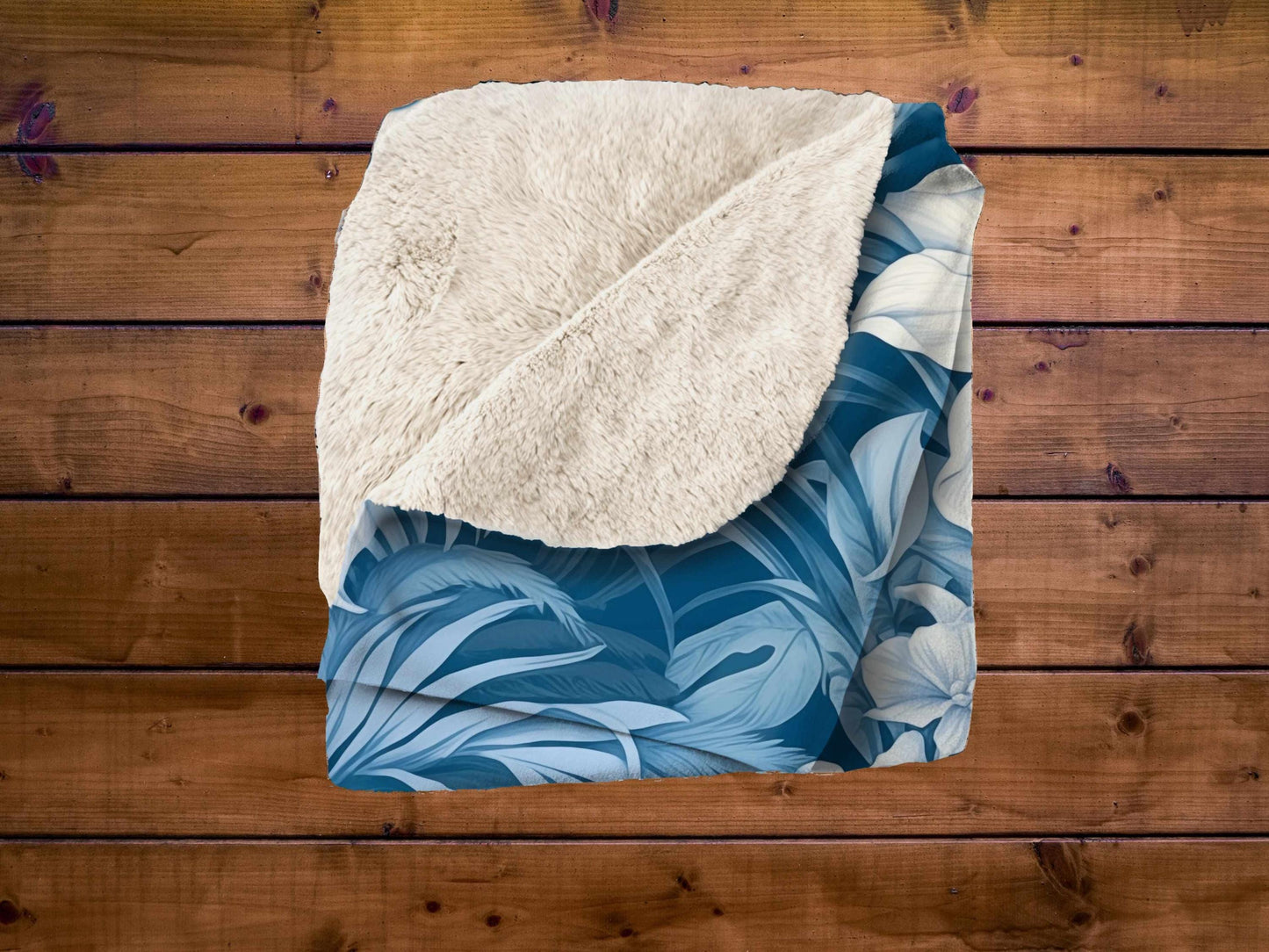 Sherpa Throw Blanket - Blue Tropical Floral Pattern Elegant Botanical - Soft Plush Throw Blanket-Jacobson Cottage