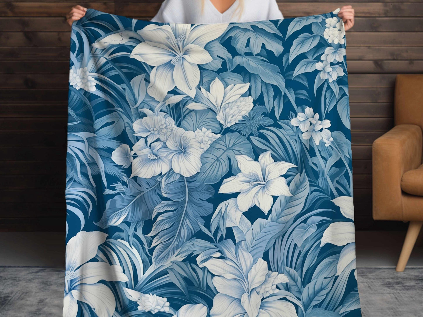 Sherpa Throw Blanket - Blue Tropical Floral Pattern Elegant Botanical - Soft Plush Throw Blanket-Jacobson Cottage