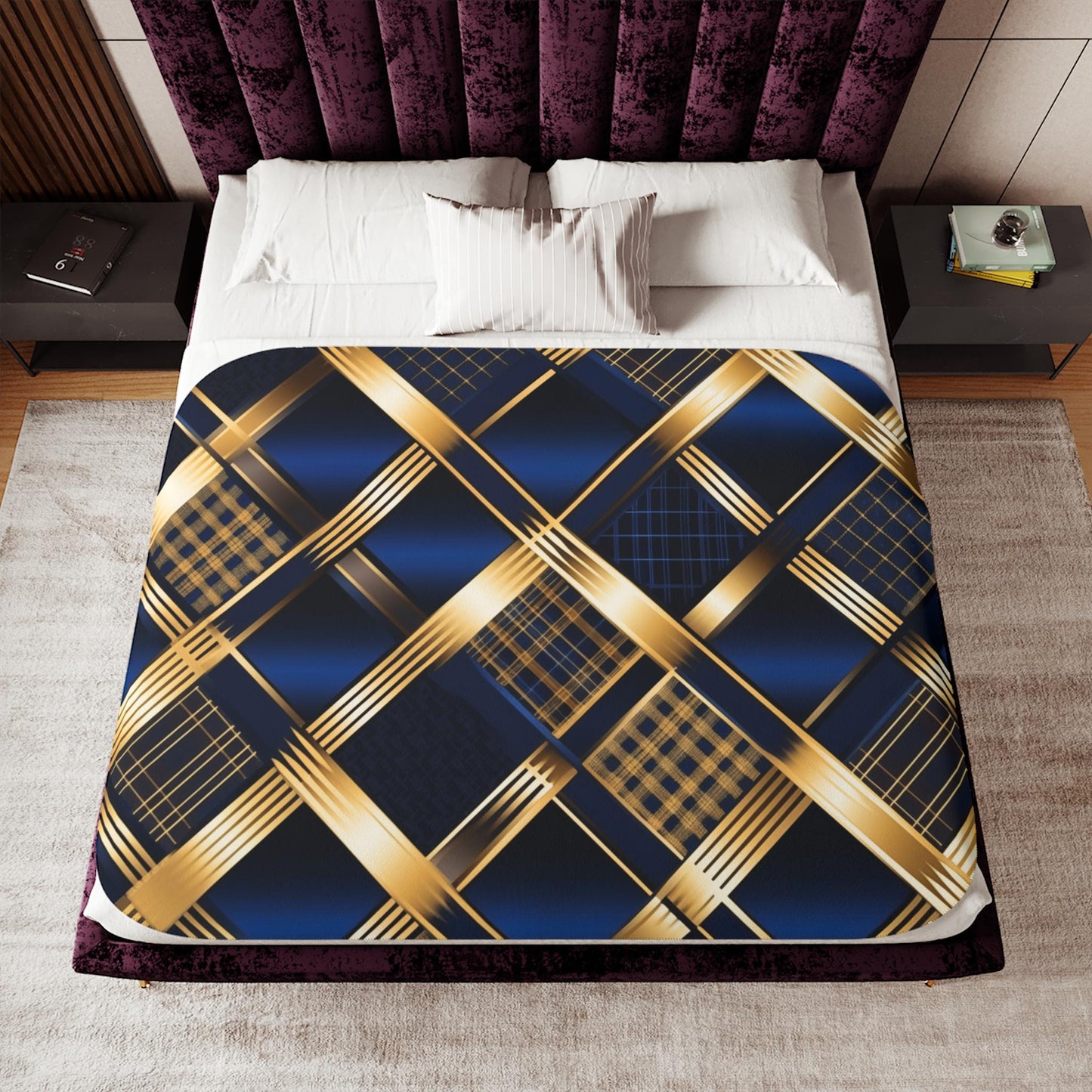 Sherpa Throw Blanket - Navy and Gold Geometric Pattern Elegant Modern - Soft Plush Throw Blanket-Jacobson Cottage