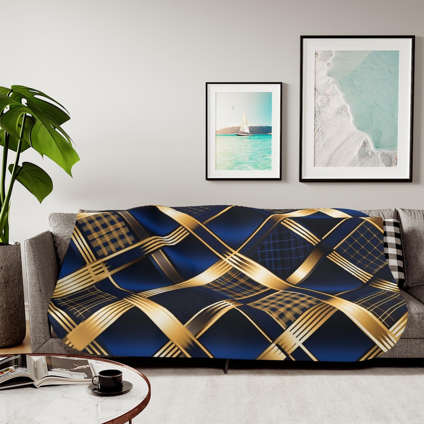 Sherpa Throw Blanket - Navy and Gold Geometric Pattern Elegant Modern - Soft Plush Throw Blanket-Jacobson Cottage