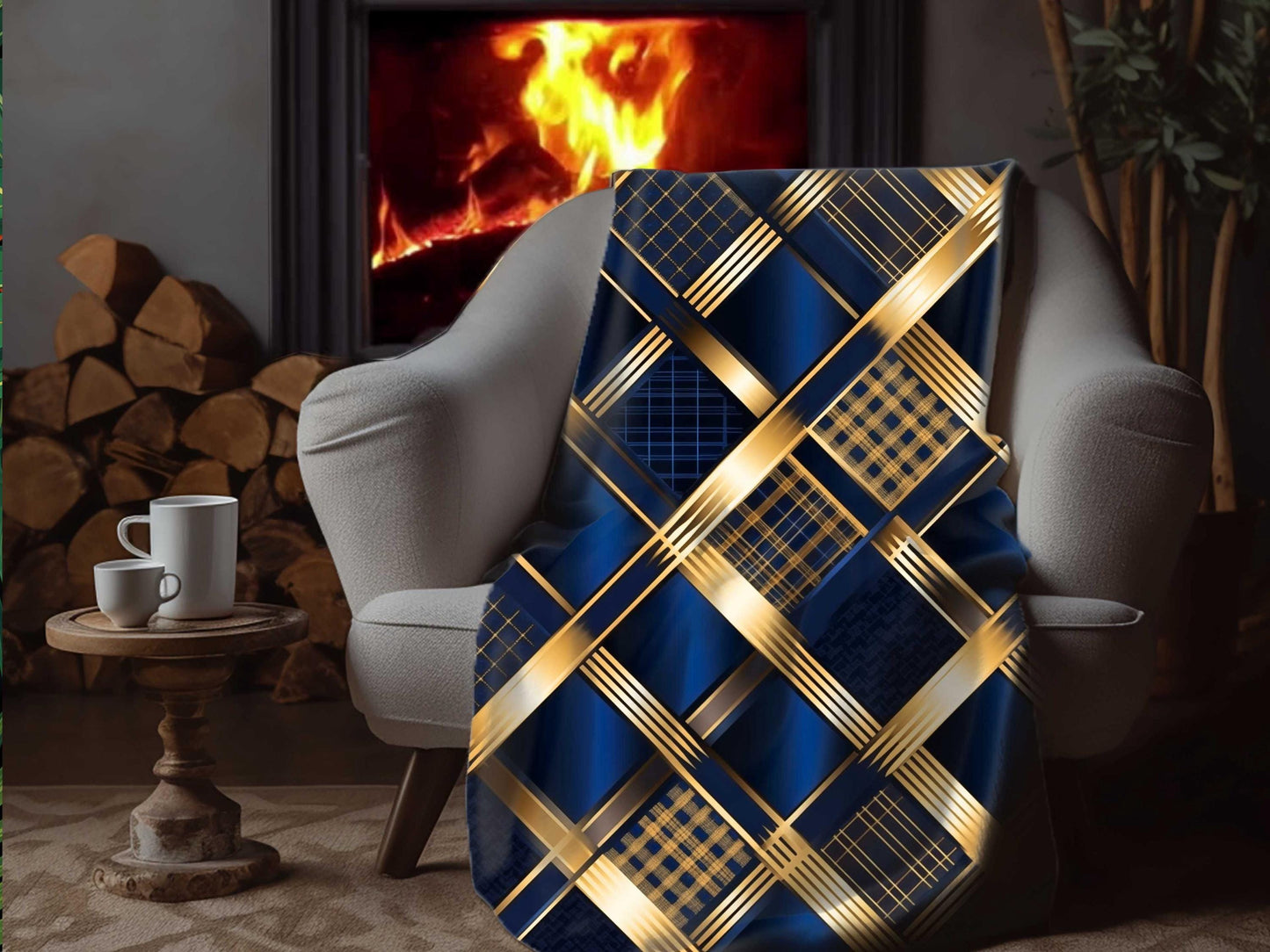 Sherpa Throw Blanket - Navy and Gold Geometric Pattern Elegant Modern - Soft Plush Throw Blanket-Jacobson Cottage