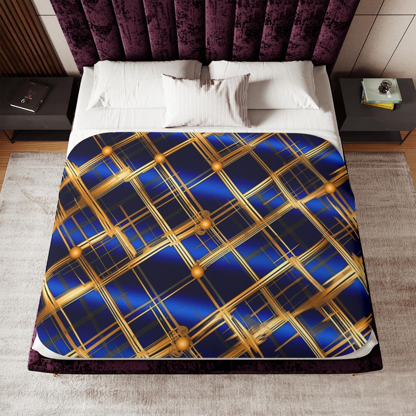 Sherpa Throw Blanket - Navy and Gold Grid Design Luxury Modern - Soft Plush Throw Blanket-Jacobson Cottage