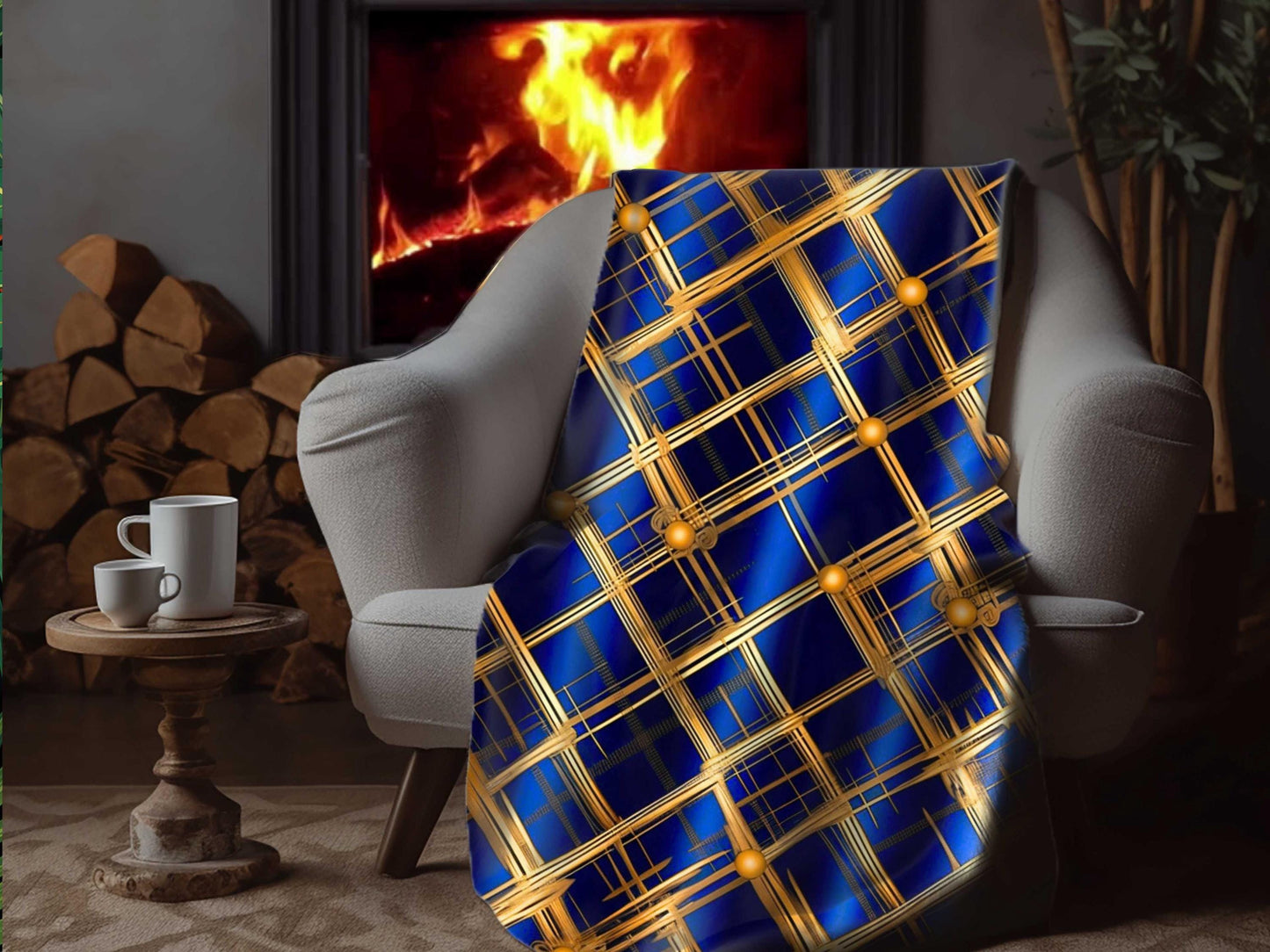Sherpa Throw Blanket - Navy and Gold Grid Design Luxury Modern - Soft Plush Throw Blanket-Jacobson Cottage