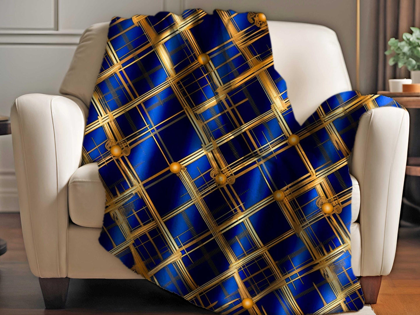 Sherpa Throw Blanket - Navy and Gold Grid Design Luxury Modern - Soft Plush Throw Blanket-Jacobson Cottage