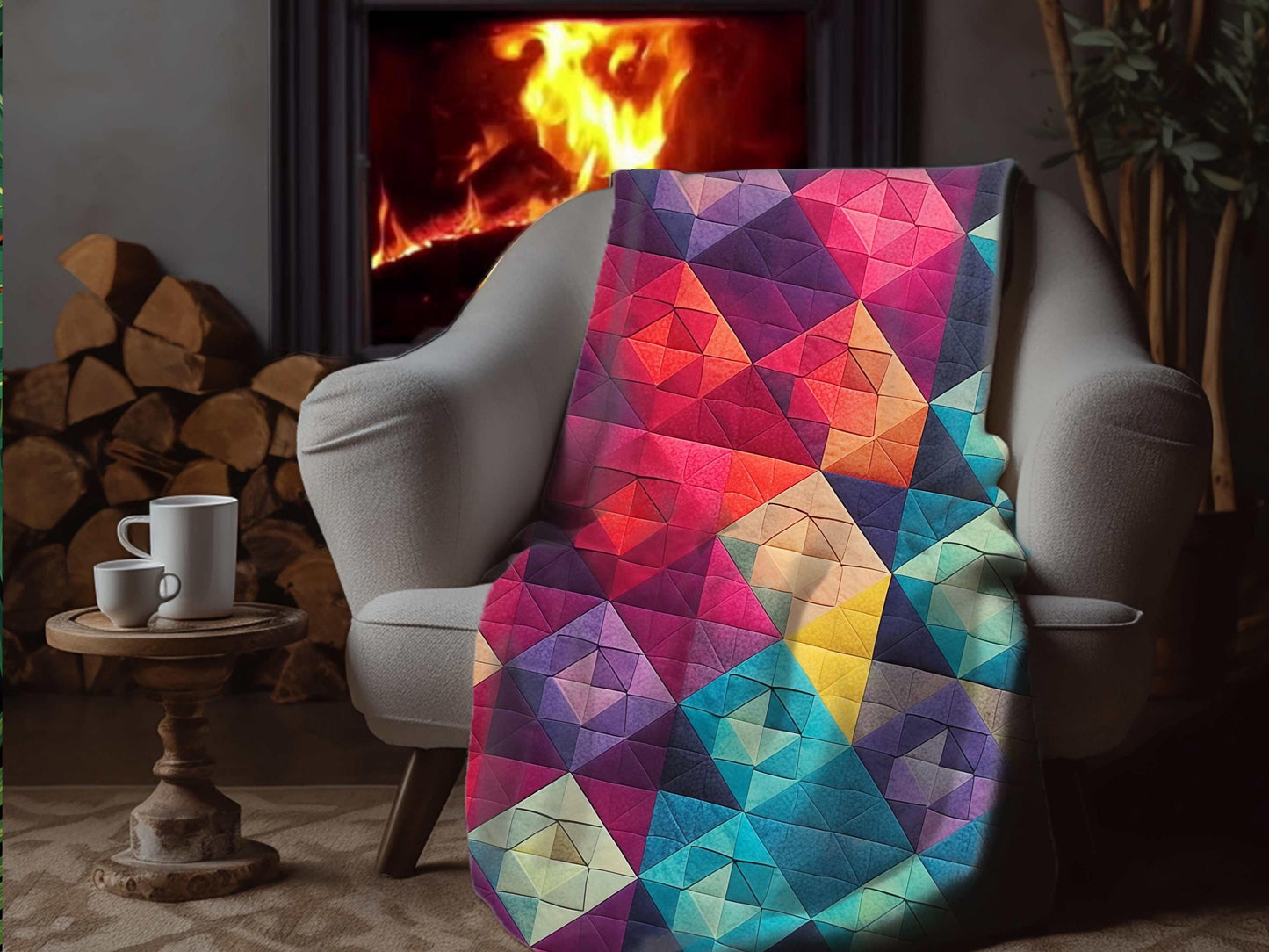 Sherpa Throw Blanket - Colorful Geometric Pattern Rainbow Diamond Design - Soft Plush Throw Blanket-Jacobson Cottage