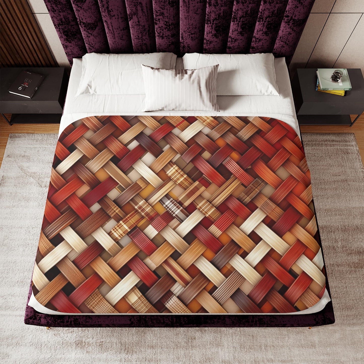 Sherpa Throw Blanket - Rustic Woven Basketweave Pattern Cozy Brown & Red Plaid Style - Soft Plush Throw Blanket-Jacobson Cottage