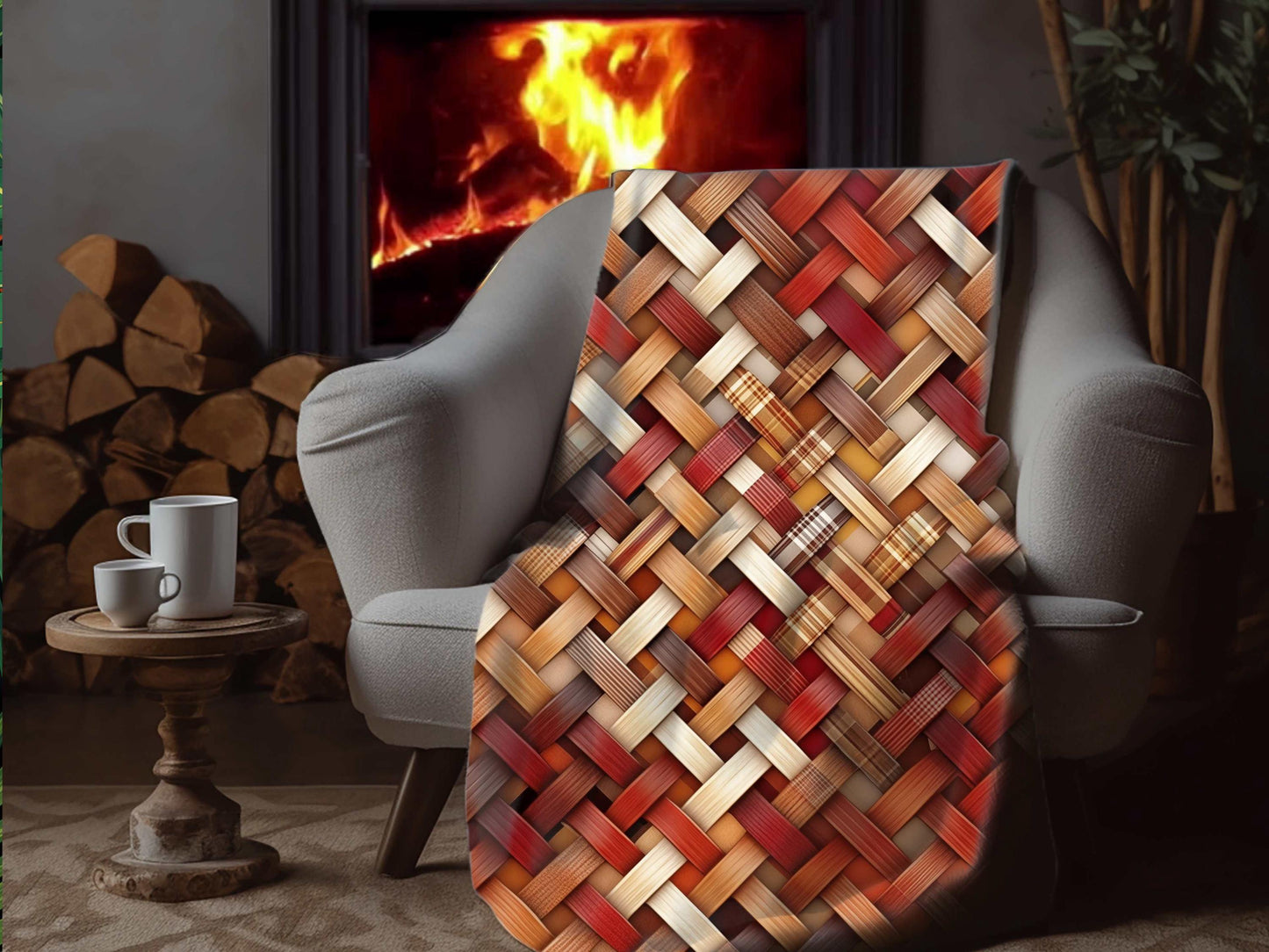 Sherpa Throw Blanket - Rustic Woven Basketweave Pattern Cozy Brown & Red Plaid Style - Soft Plush Throw Blanket-Jacobson Cottage