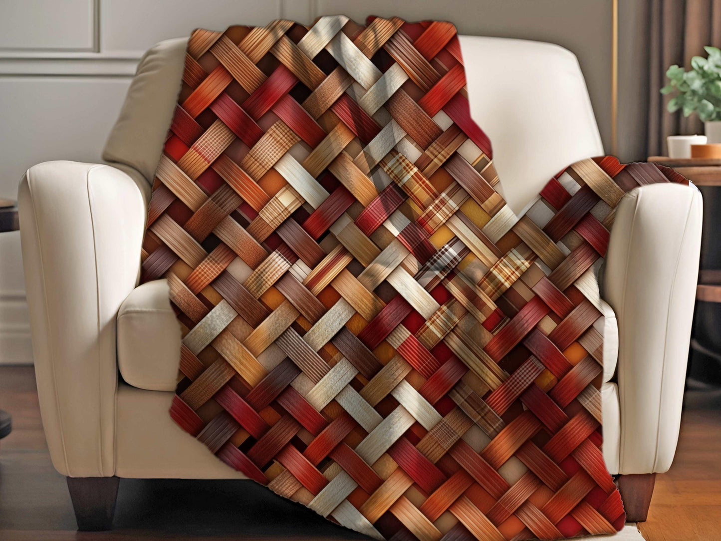 Sherpa Throw Blanket - Rustic Woven Basketweave Pattern Cozy Brown & Red Plaid Style - Soft Plush Throw Blanket-Jacobson Cottage