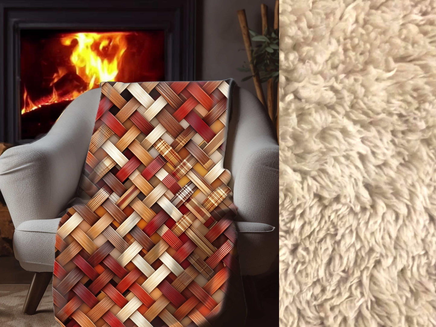 Sherpa Throw Blanket - Rustic Woven Basketweave Pattern Cozy Brown & Red Plaid Style - Soft Plush Throw Blanket-Jacobson Cottage