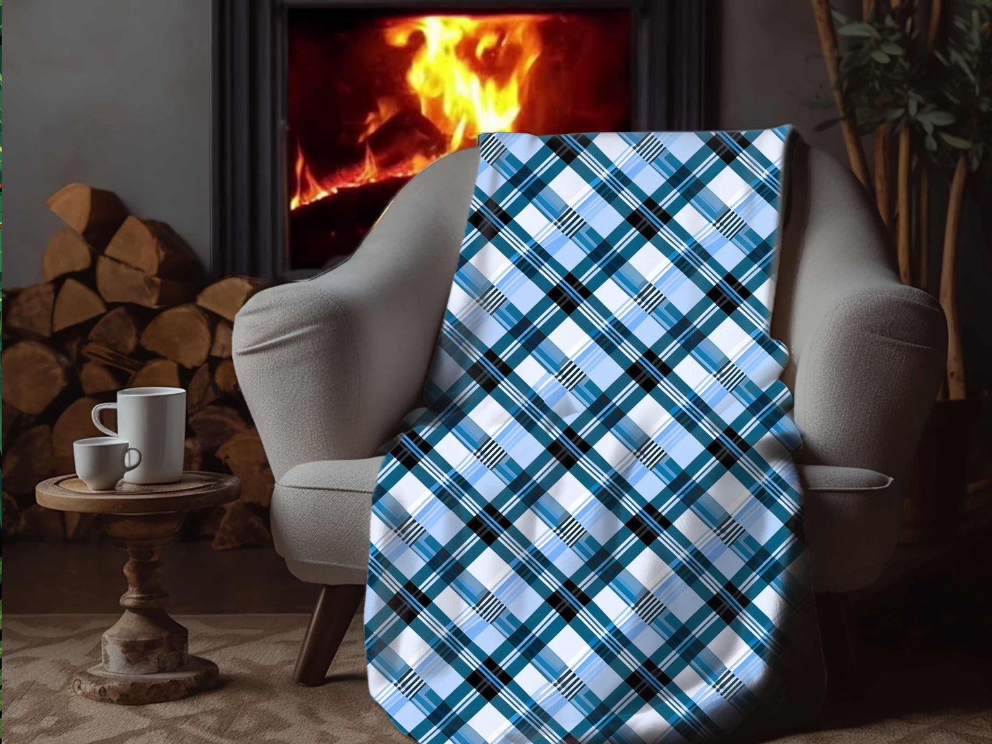 Sherpa Throw Blanket - Blue and Light Blue Plaid Design - Soft Plush Throw Blanket-Jacobson Cottage