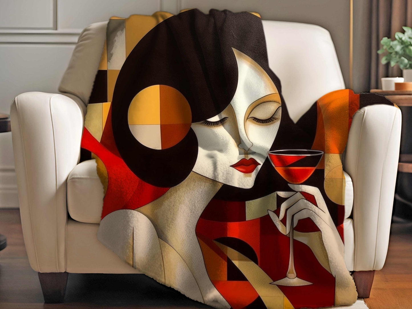 Sherpa Throw Blanket - Abstract Woman with Wine Glass Modern Art Style - Soft Plush Throw Blanket-Jacobson Cottage
