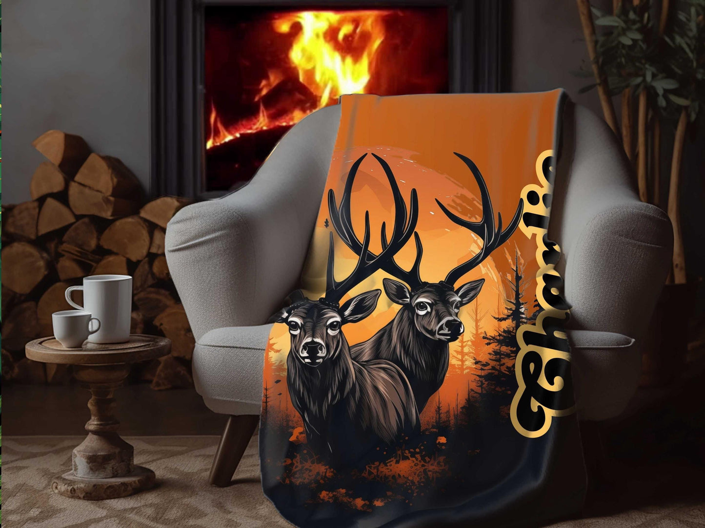 Sherpa Throw Blanket - Custom Name Deer in Sunset Design for Hunting Season - Soft Plush Throw Blanket-Jacobson Cottage