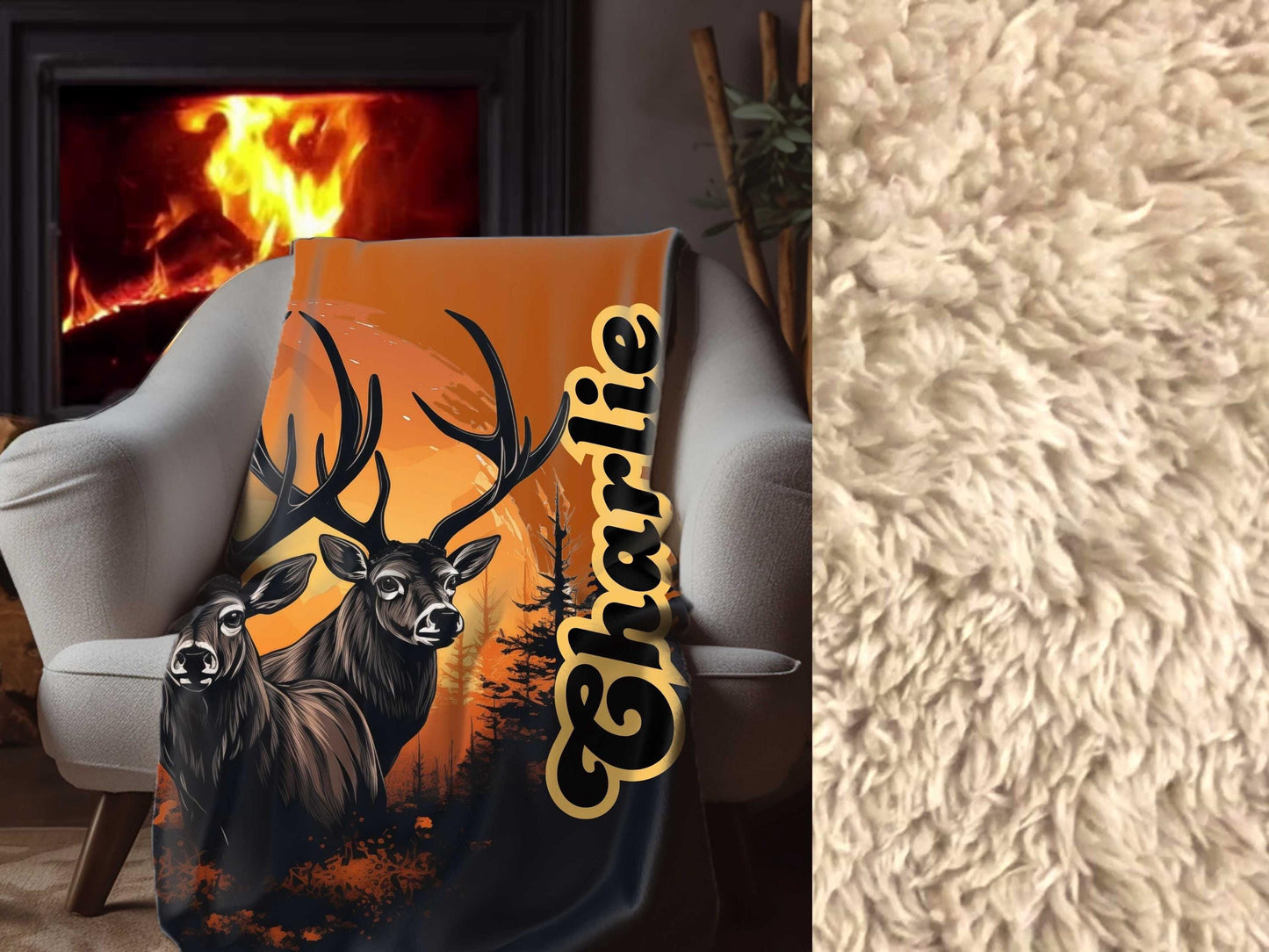Sherpa Throw Blanket - Custom Name Deer in Sunset Design for Hunting Season - Soft Plush Throw Blanket-Jacobson Cottage
