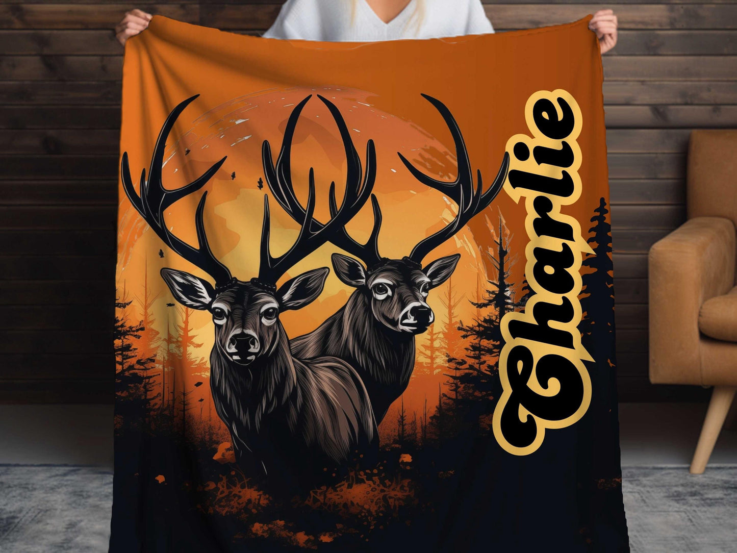 Sherpa Throw Blanket - Custom Name Deer in Sunset Design for Hunting Season - Soft Plush Throw Blanket-Jacobson Cottage