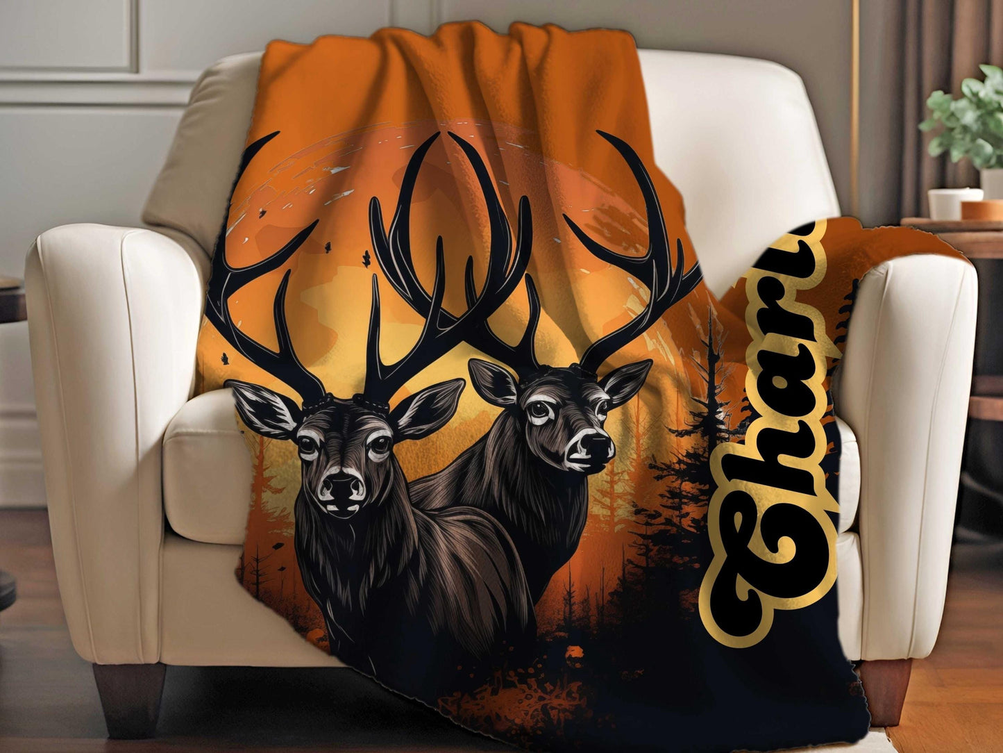 Sherpa Throw Blanket - Custom Name Deer in Sunset Design for Hunting Season - Soft Plush Throw Blanket-Jacobson Cottage