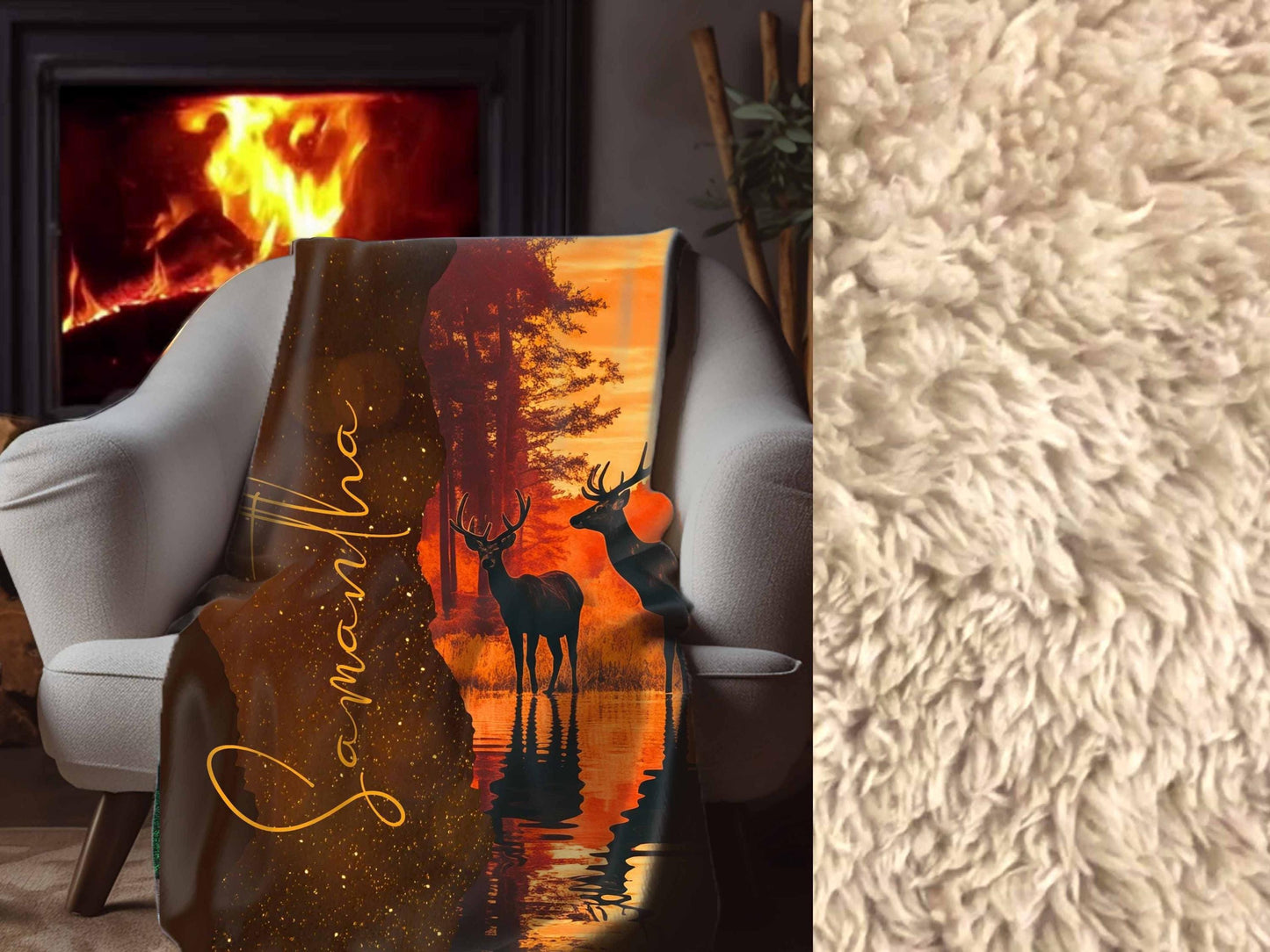 Sherpa Throw Blanket - Personalized Deer by Lake at Sunset Custom Name Hunting Design - Soft Plush Throw Blanket-Jacobson Cottage