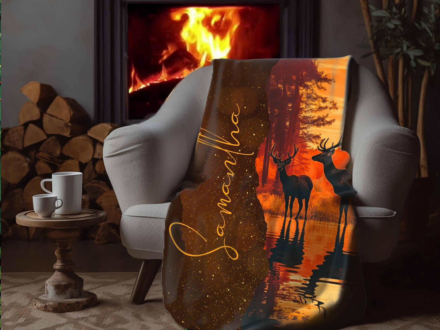 Sherpa Throw Blanket - Personalized Deer by Lake at Sunset Custom Name Hunting Design - Soft Plush Throw Blanket-Jacobson Cottage