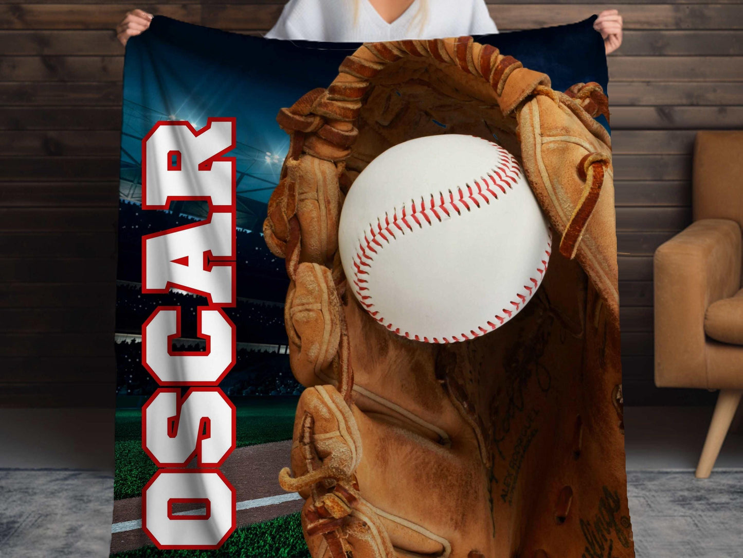 Sherpa Throw Blanket - Custom Name Baseball Glove and Ball personalized design - Soft Plush Throw Blanket-Jacobson Cottage