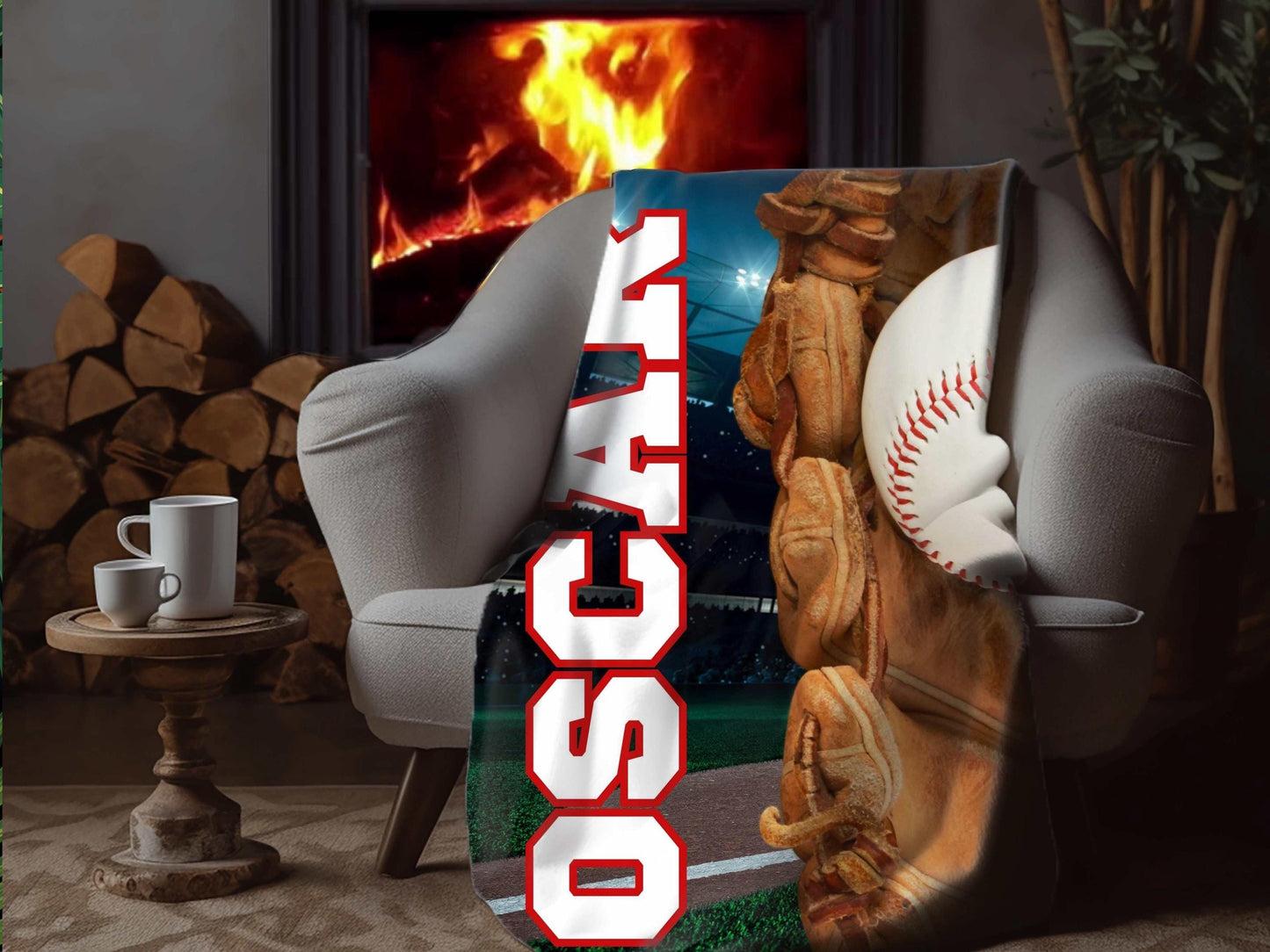Sherpa Throw Blanket - Custom Name Baseball Glove and Ball personalized design - Soft Plush Throw Blanket-Jacobson Cottage