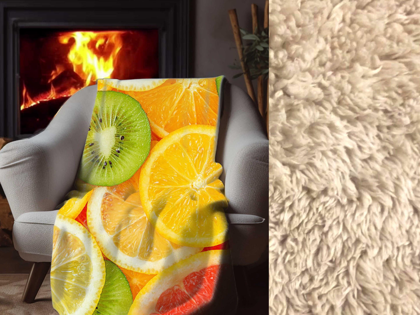 Sherpa Throw Blanket - Colorful Fruit Pattern with Kiwi, Lemon, Orange & Grapefruit Tropical - Soft Plush Throw Blanket-Jacobson Cottage