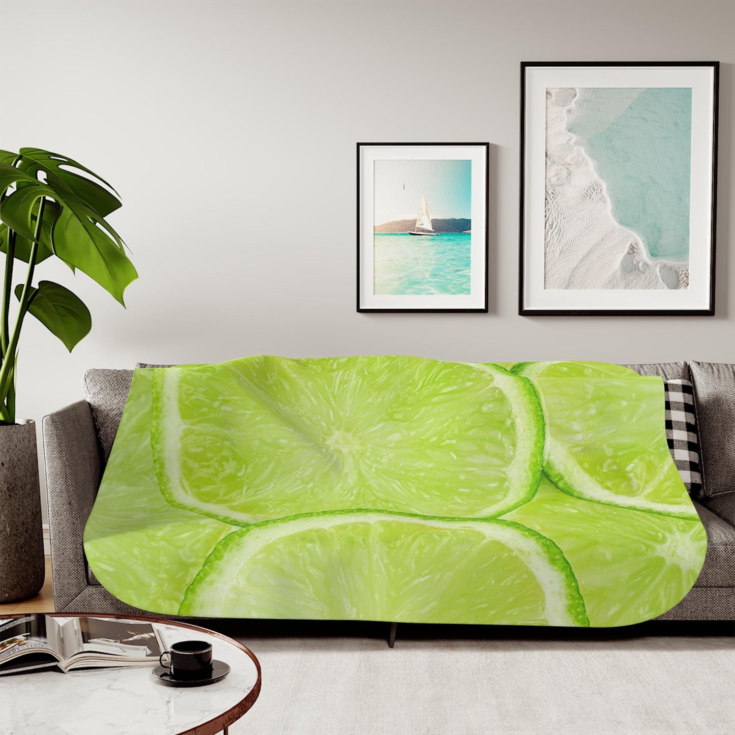 Sherpa Throw Blanket - Lemon Slice Pattern Fresh Green Citrus - Soft Plush Throw Blanket-Jacobson Cottage