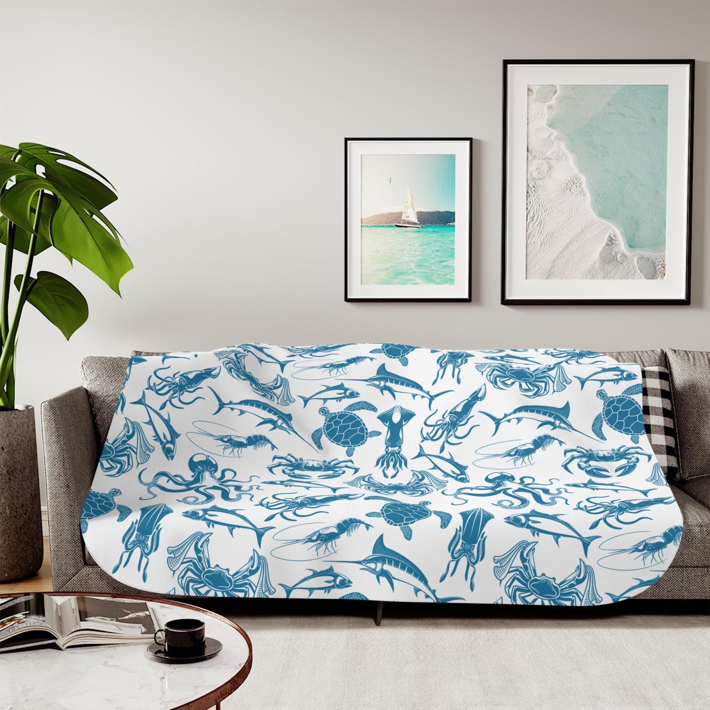 Sherpa Throw Blanket - Blue on White Ocean Sea Creatures Pattern Marine Life - Soft Plush Throw Blanket-Jacobson Cottage