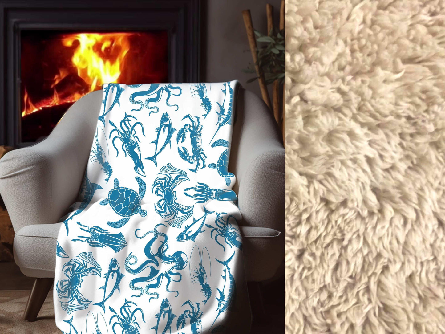 Sherpa Throw Blanket - Blue on White Ocean Sea Creatures Pattern Marine Life - Soft Plush Throw Blanket-Jacobson Cottage