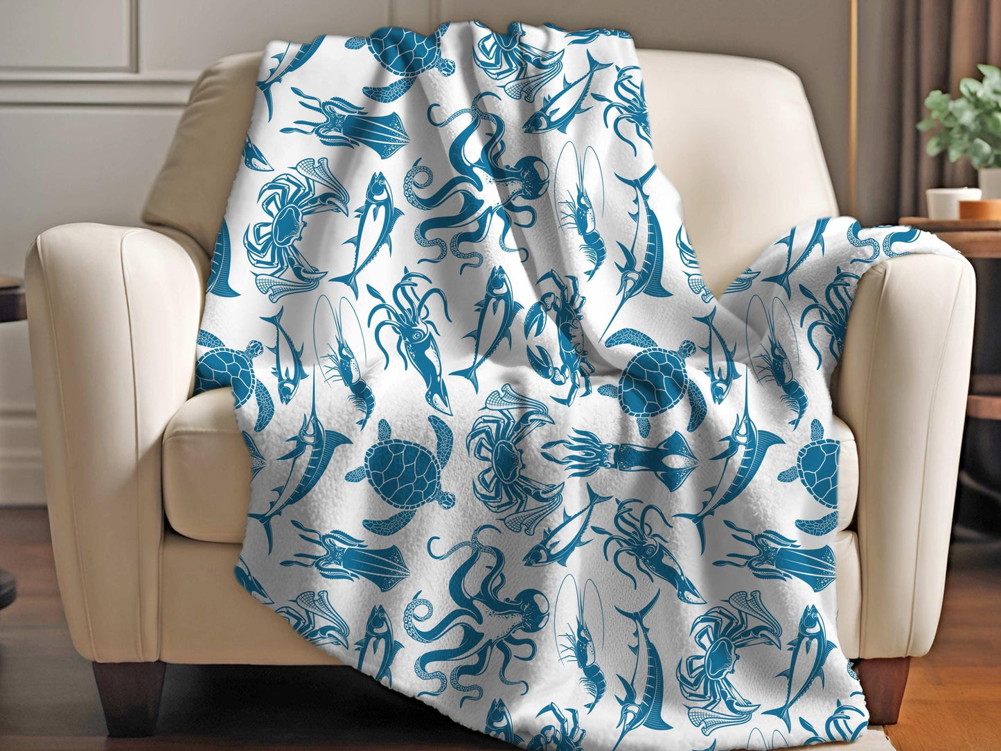 Sherpa Throw Blanket - Blue on White Ocean Sea Creatures Pattern Marine Life - Soft Plush Throw Blanket-Jacobson Cottage