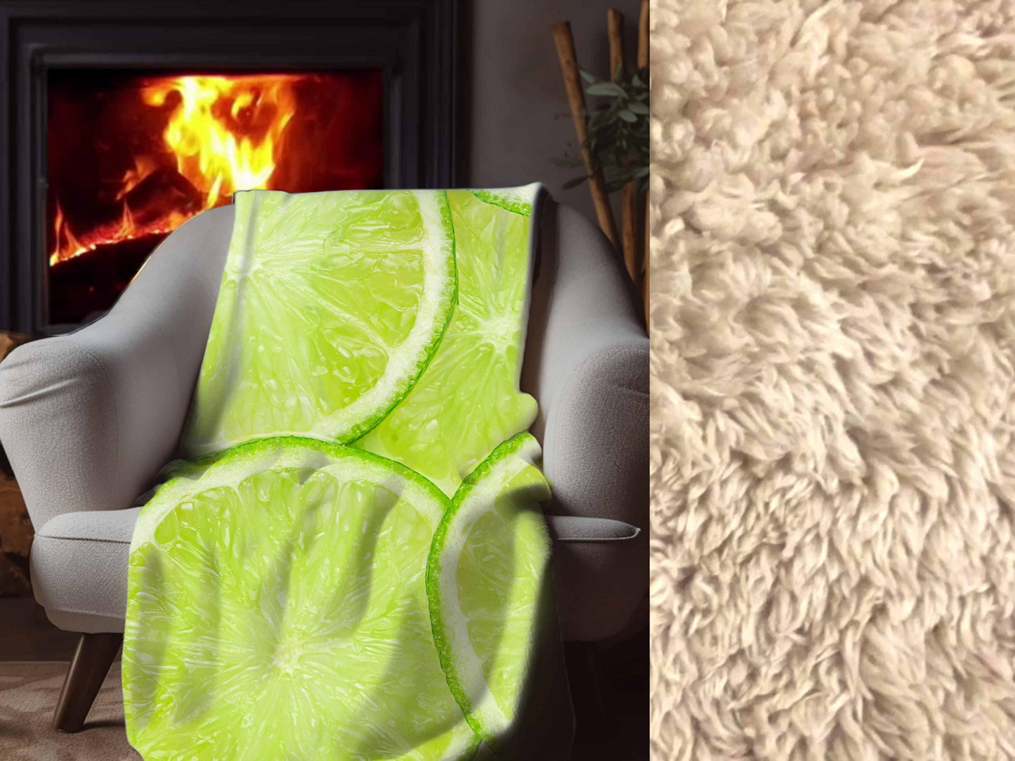 Sherpa Throw Blanket - Lemon Slice Pattern Fresh Green Citrus - Soft Plush Throw Blanket-Jacobson Cottage