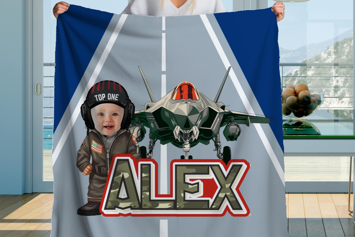 Sherpa Throw Blanket - Baby Pilot with Fighter Jet Personalized Custom Face and Name - Soft Plush Throw Blanket-Jacobson Cottage