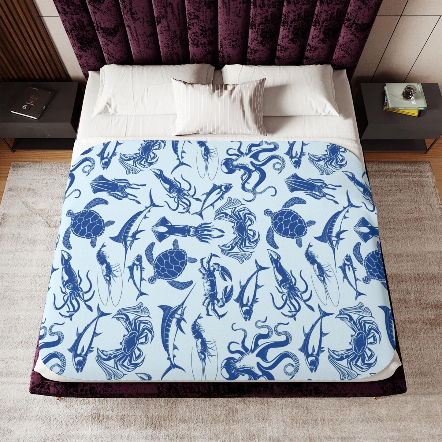Sherpa Throw Blanket - Ocean life Nautical Blue - Soft Plush Throw Blanket-Jacobson Cottage