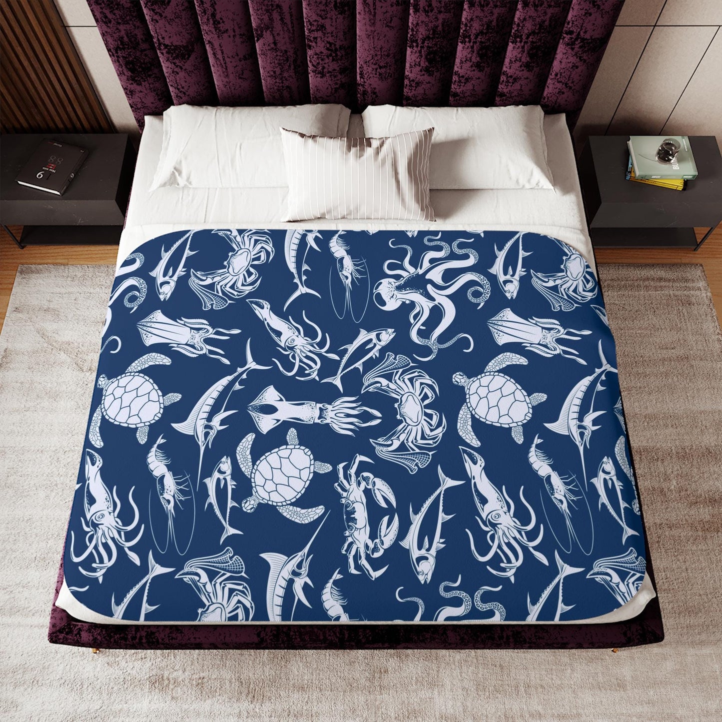Sherpa Throw Blanket - Blanket Navy Ocean Sea Creatures Pattern Marine Life - Soft Plush Throw Blanket-Jacobson Cottage