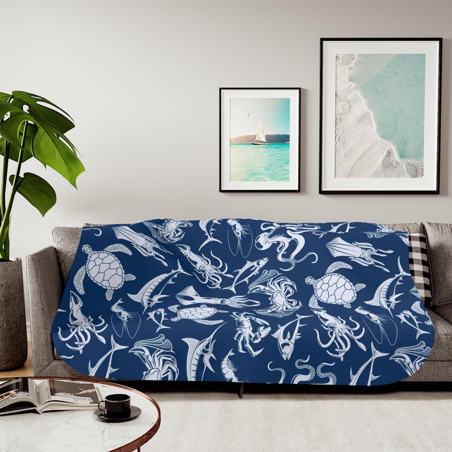 Sherpa Throw Blanket - Blanket Navy Ocean Sea Creatures Pattern Marine Life - Soft Plush Throw Blanket-Jacobson Cottage