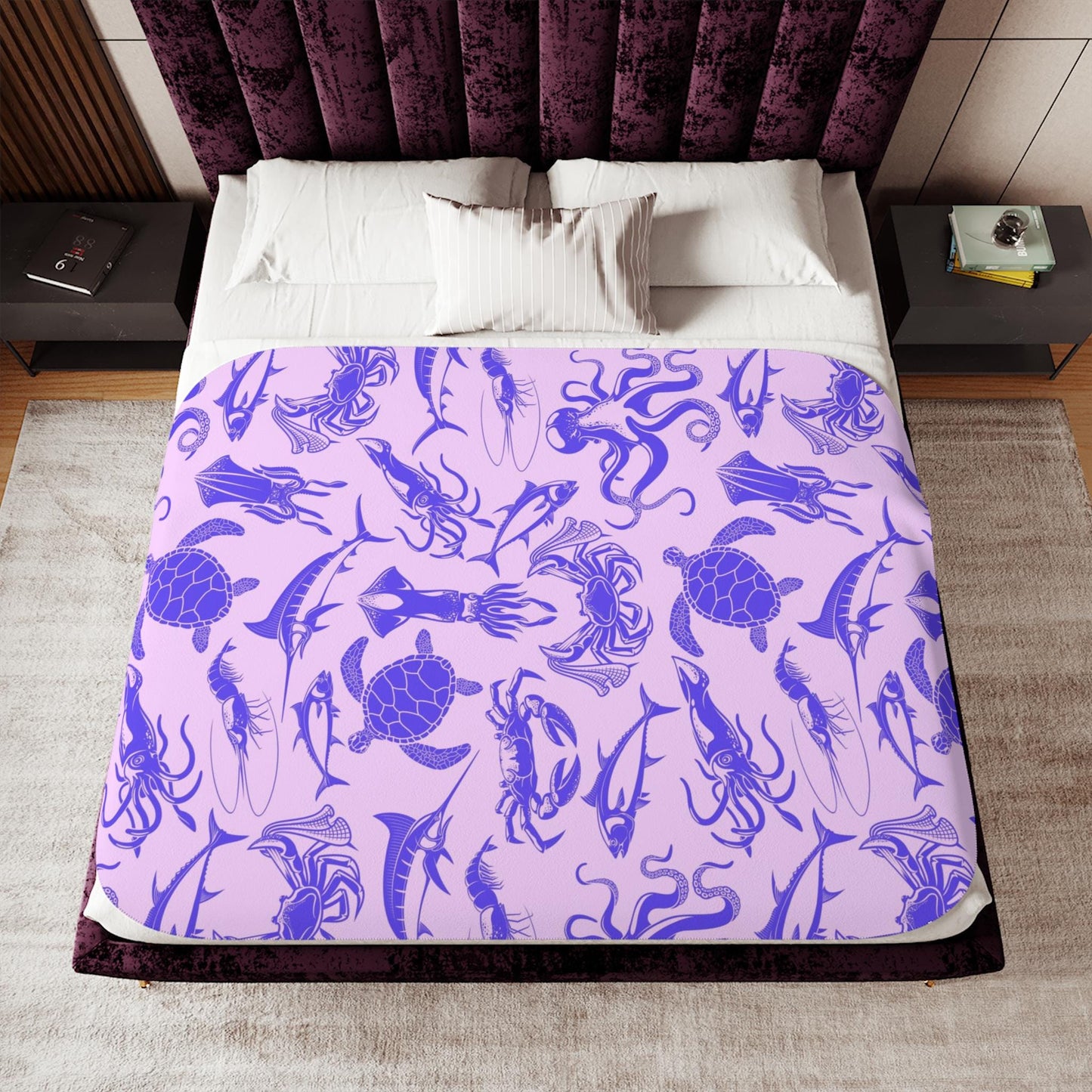 Sherpa Throw Blanket - Purple and Pink Ocean Sea Creatures Pattern Marine Life - Soft Plush Throw Blanket-Jacobson Cottage