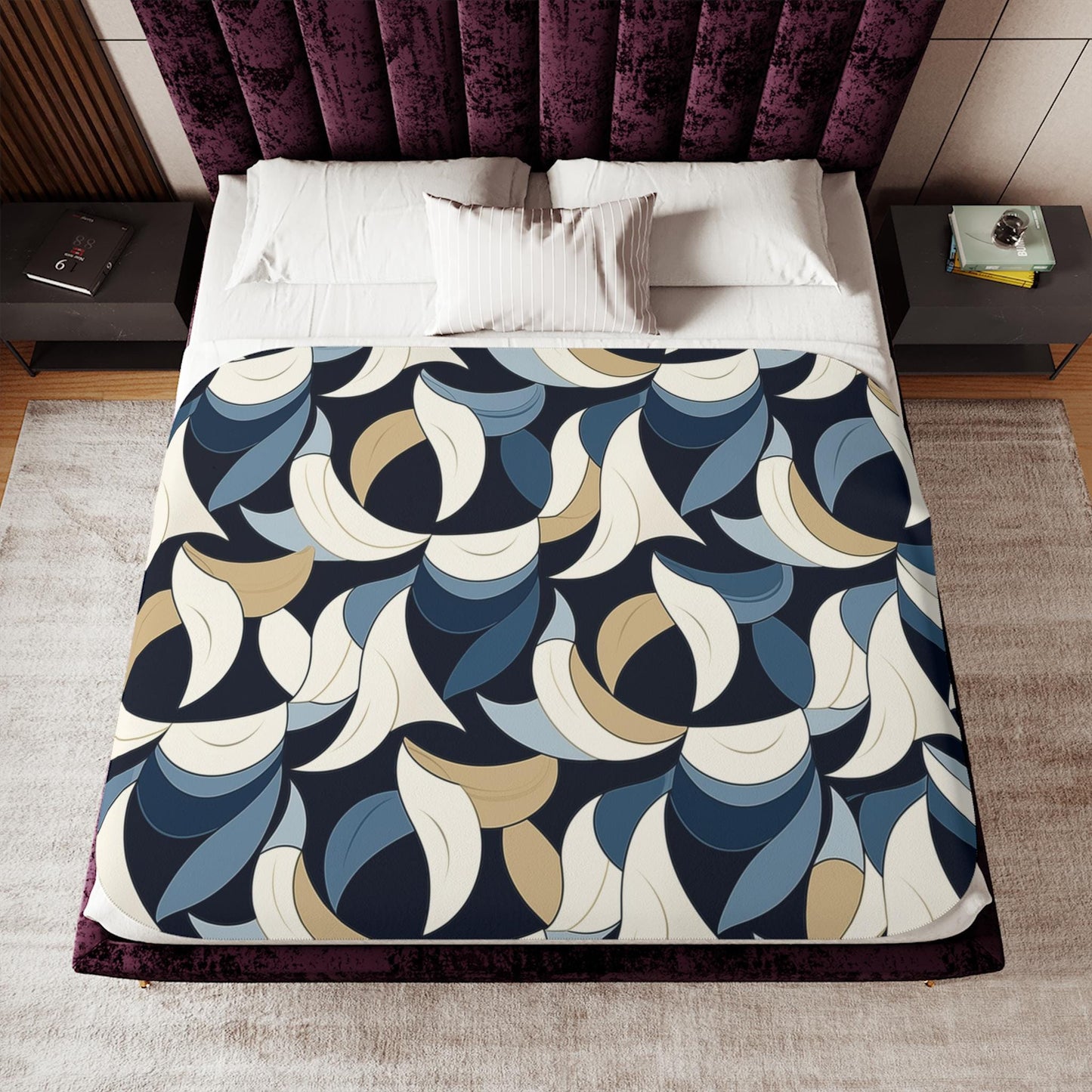 Sherpa Throw Blanket - Blue and Beige Abstract Wave Pattern Modern Geometric - Soft Plush Throw Blanket-Jacobson Cottage