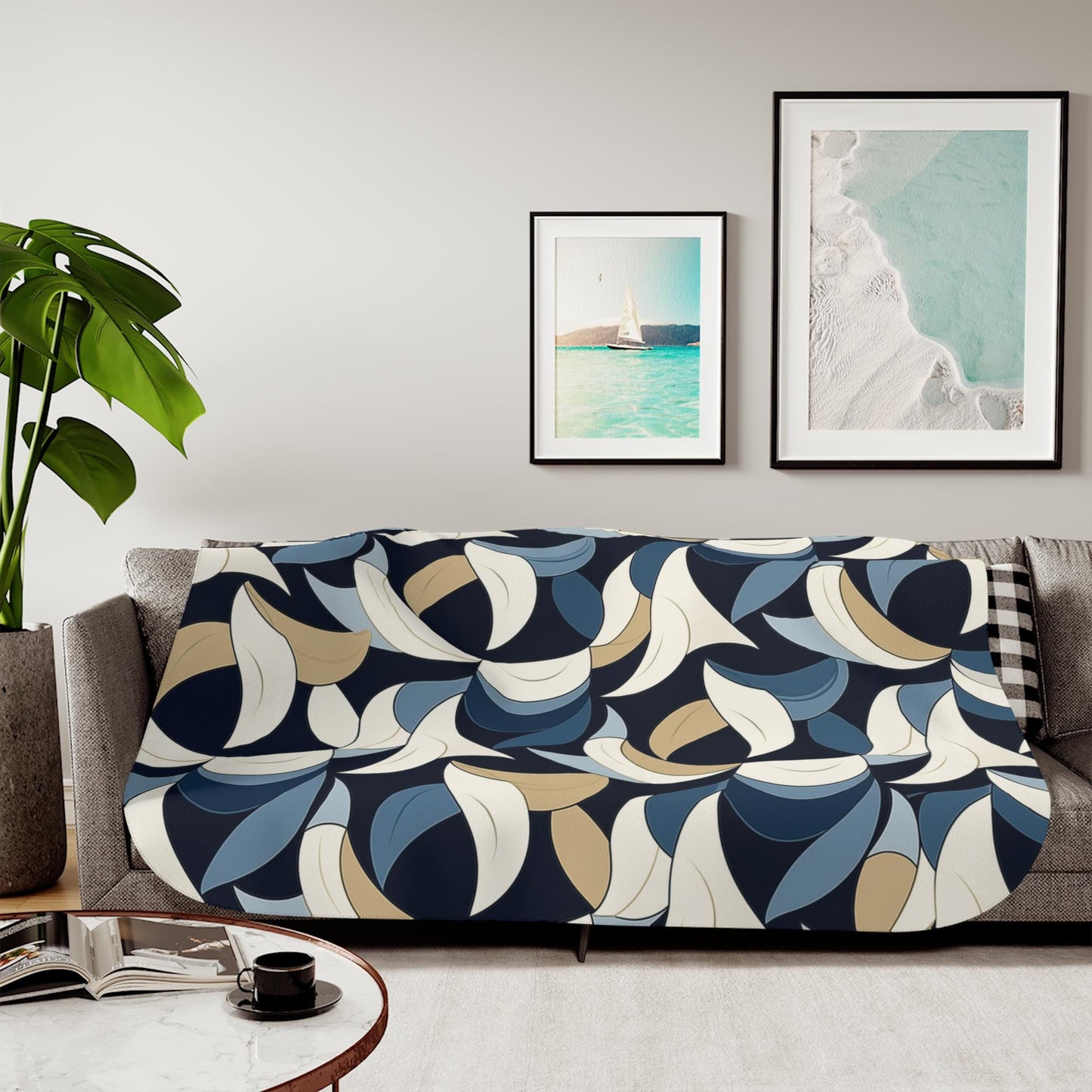 Sherpa Throw Blanket - Blue and Beige Abstract Wave Pattern Modern Geometric - Soft Plush Throw Blanket-Jacobson Cottage